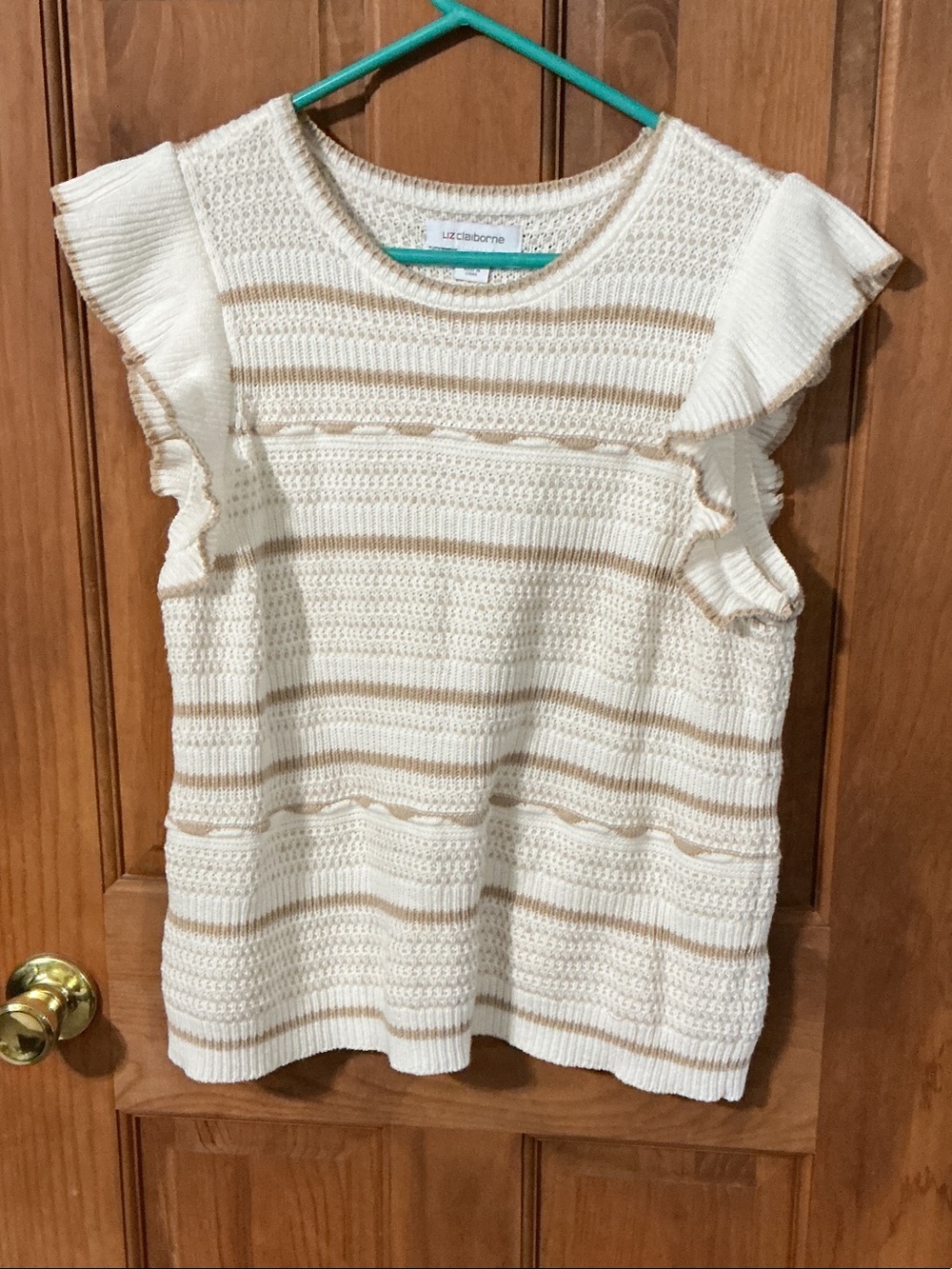Liz Claiborne Cream & Tan Striped Ruffle Sleeve Knit Tank - Kids
